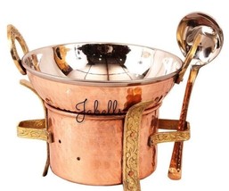 Pure Copper 3 Pieces Set of Kadhai, Spoon &amp; Angithi/Sigdi With Brass Sta... - £84.09 GBP