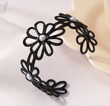 Black Daisy Cuff Bracelet Hollow Floral Simulated Pearls - $15.83