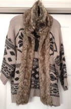 NEW Forever LOVE 21 Wool Blend Sweater Cardigan Faux Fur Ski Design Brown Tan M - £32.08 GBP