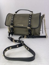 Michael Kors Leila Messenger Crossbody Bag Green Nylon Studded Black Lea... - $128.69