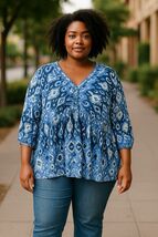 Avenue Womens Blue &amp; White Boho Tunic Top With Button Details Size 22/24 - €15,73 EUR