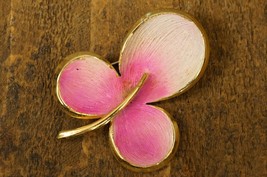 Vintage Costume Jewelry Alan J Hot Pink Clover Gold Tone Metal Brooch Pin - £19.73 GBP