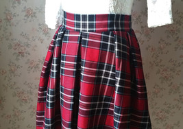 Autumn RED Plaid Skirt Outfit Women Plus Size Pleated Midi Skirt Outfit image 3
