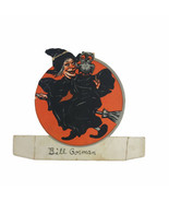 Halloween Place Card Vintage 1926 Witch On Broom Owl Orange Black Used A... - $59.63