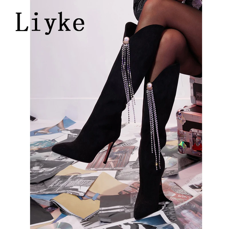 Liyke  Party Nightclub Stripper Knee High Boots Women Crystal Fringe Stiletto He - £102.12 GBP