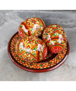 Set Carved Pysanka Wooden Easter Eggs on Plate Ukrainian Pysanky Easter ... - $18.13