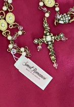 Antique Gold Tone Faux Pearls Rhinestones Rosary Necklace By Sweet Romance L.A. - £37.32 GBP