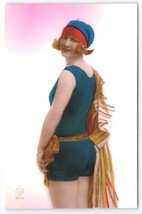 RPPC Pretty Flapper Girl Bathing Beauty Swimsuit Hand Colored Photo Post... - $39.95