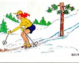 Vtg Kromekolor Comic Postcard Woman Skiing Around Tree  - £3.07 GBP