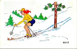 Vtg Kromekolor Comic Postcard Woman Skiing Around Tree  - $3.91