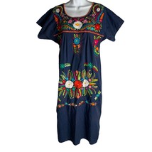 Mexican Hand Embroidered Patio Dress M Blue MuuMuu Kaftan Maxi Short Sleeves - £33.34 GBP