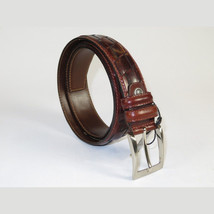 Men Genuine Leather Belt PIERO ROSSI Turkey Soft Full Grain Stitched #137 Cognac image 3