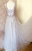 GRAY A-line Embroidery Flower Sweetheart Tulle Gray Bridesmaid Wedding Dresses image 6