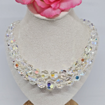 Vintage 2 Strand Aurora Borealis Crystal Beaded Choker Necklace AB Glass... - $29.95