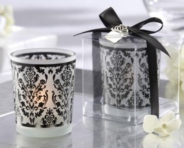 Damask Frosted Glass Tea Light Holder with Kate Aspen Signature Charm &amp; soy teal - £7.85 GBP
