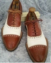 Handmade Men&#39;s Brown &amp; White Two Tone Brogues Style Dress/Formal Leather... - $159.99