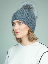 AVIMA Handknit Gray Merino &amp; Mohair Wool Hat with Detachable Fox Fur Pom... - £51.57 GBP