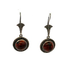 Vintage Sterling Silver Round Baltic Amber Sun Stone Hook Dangle Earrings - $64.35