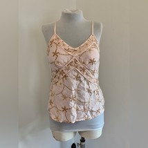 120% Lino Italy Floral 100% Linen Pink Tank Top embroidered 42 6 metalli... - $24.70