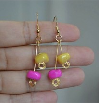 Handmade Pink yellow shell gold plated Dangle Earring - $11.99