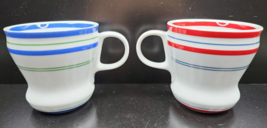 2 Pc Starbucks White Red Blue Striped 2007 Mugs Set Retro Restaurant Ware Styled - £23.71 GBP