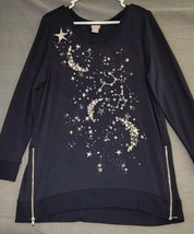 Chicos Zenergy Constellation Top Tunic Blue Sz L (2) Zippers Moon Stars Sequins - £17.22 GBP
