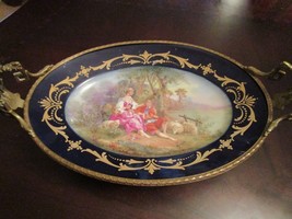 Limoges France Centerpiece Fragonard Ceramic And Brass Repousse Footed Oval - £349.98 GBP