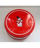 Round metal cookie tin container winter holiday red with snowman and flo... - $19.75