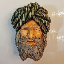 Chalkware Bust Head 3D Wall Plaque VTG Bedouin Nomad Persian Magi Green Turban - £9.93 GBP