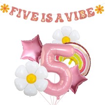 Five Is A Vibe Banner With Rainbow Daisy Balloons, Groovy 5Th Birthday Party Dec - £18.97 GBP