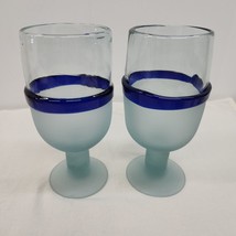 Pair &quot;A&quot; Vtg Mexican Hand Blown Blue Trimmed 8&quot; Tall Stemmed Drinking Glasses - £19.09 GBP