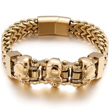 Stainless Steel Gold Plated Chain Man Bracelet Punk Gothic Skull Wristband With  - £28.48 GBP