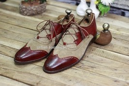 Men&#39;s New Handmade Burgundy Leather &amp; Beige Suede Stylish Lace Up Wing Tip Style - £115.65 GBP