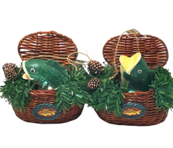 Trimmings Dillards Big Mouth Bass Pair Fishing Basket Hanging Ornaments Rustic - £16.61 GBP