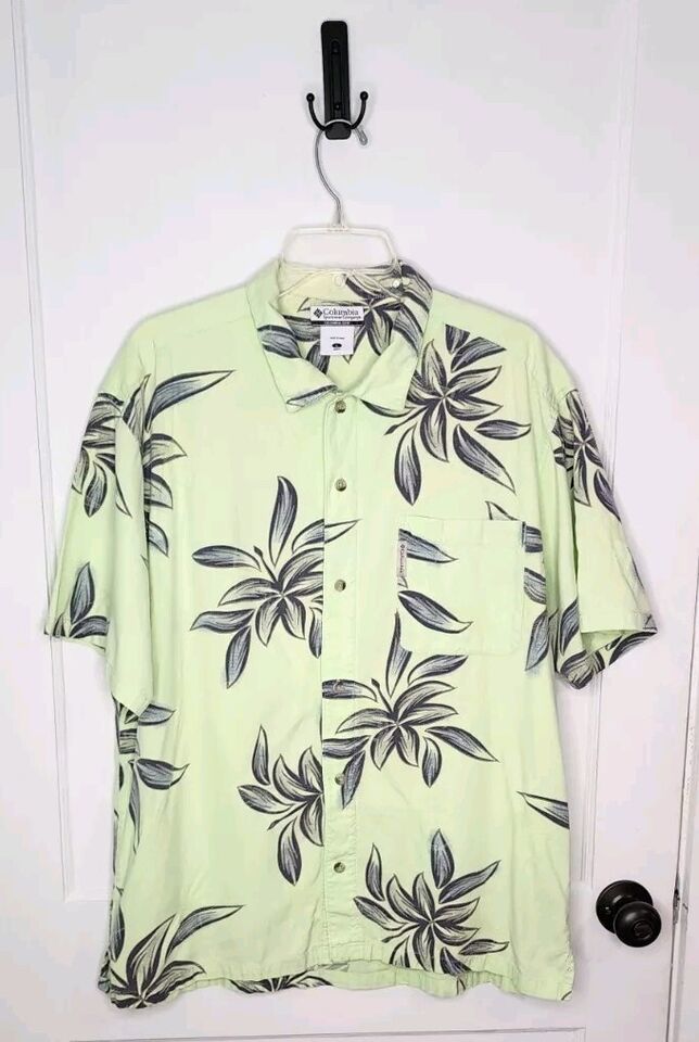 Sz Large Columbia Hawaiian Button Down Shirt Green Leaf Print Marlin Emb... - $18.70