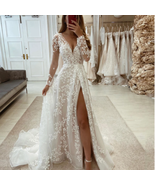Vintage Deep V Neck Long Sleeves Wedding Dresses Side Split Bridal Gowns - $178.00