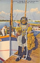 Tarpon Springs Florida Sponge Diver In Full Equipment + Boat Postcard 1940s - £9.74 GBP