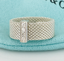 Size 4.5 Tiffany &amp; Co Somerset 4 Diamond Ring Mesh Weave in Sterling Silver - £492.28 GBP
