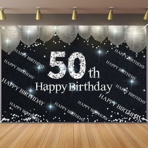 Silver And Black Happy 50Th Birthday Backdrop Banner Decorations For Women Men 5 - £18.17 GBP