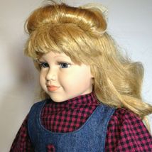 Porcelain Doll Gorgeous Long Blond Hair &amp; Blue Eyes Denim Dress 24” Tall - £59.94 GBP