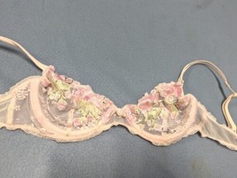 VTG Pink Lace Bra 34B Embroidered Barbie Core Flowers Sheer Lace Delicat... - £30.86 GBP