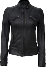 Women Lambskin Leather Jacket, Cafe Racer Real Lambskin Black Leather Mo... - $169.99