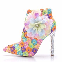 Umn multicolour lace wedding shoes sexy women flower thin high heel ankle boots pointed thumb200
