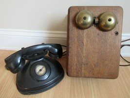 antique DESK PHONE OAK WALL RINGER BOX bakelite tongue groove old telephone - £88.23 GBP