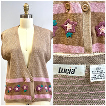 Retro 80s Lucia S Embroidered Sleeveless Knit DB Sweater Vest Beige Pink... - $42.77