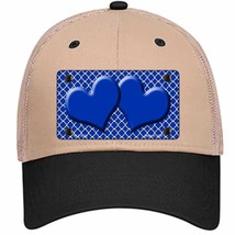 Blue White Quatrefoil Blue Center Hearts Novelty Khaki Mesh License Plate Hat - £23.16 GBP