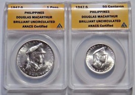 PHILIPPINES TWO SILVER COIN SET 1947 S DOUGLAS MACARTHUR BU ANACS RARE SET - $224.01