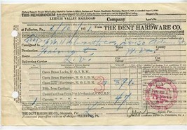 Lehigh Valley Railroad 1931 Freight Memorandum The Dent Hardware Company - $11.88