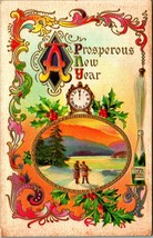 A Prosperous New Year Winter Scene Champagne Scroll Border 1910 DB Postcard - £3.12 GBP