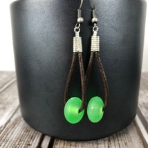 Green Sea Glass FrostedDangle Earrings Leather Cord Antique Silver  - £20.02 GBP